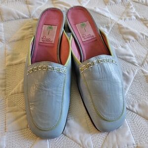 Lilly Pulitzer Women's Blue, Lime and Pink Leather Mules, Size 8.5